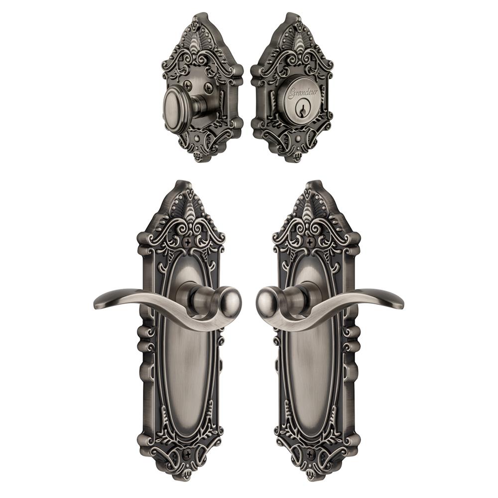 Grandeur by Nostalgic Warehouse Single Cylinder Combo Pack Keyed Differently - Grande Victorian Plate with Bellagio Lever and Matching Deadbolt in Antique Pewter